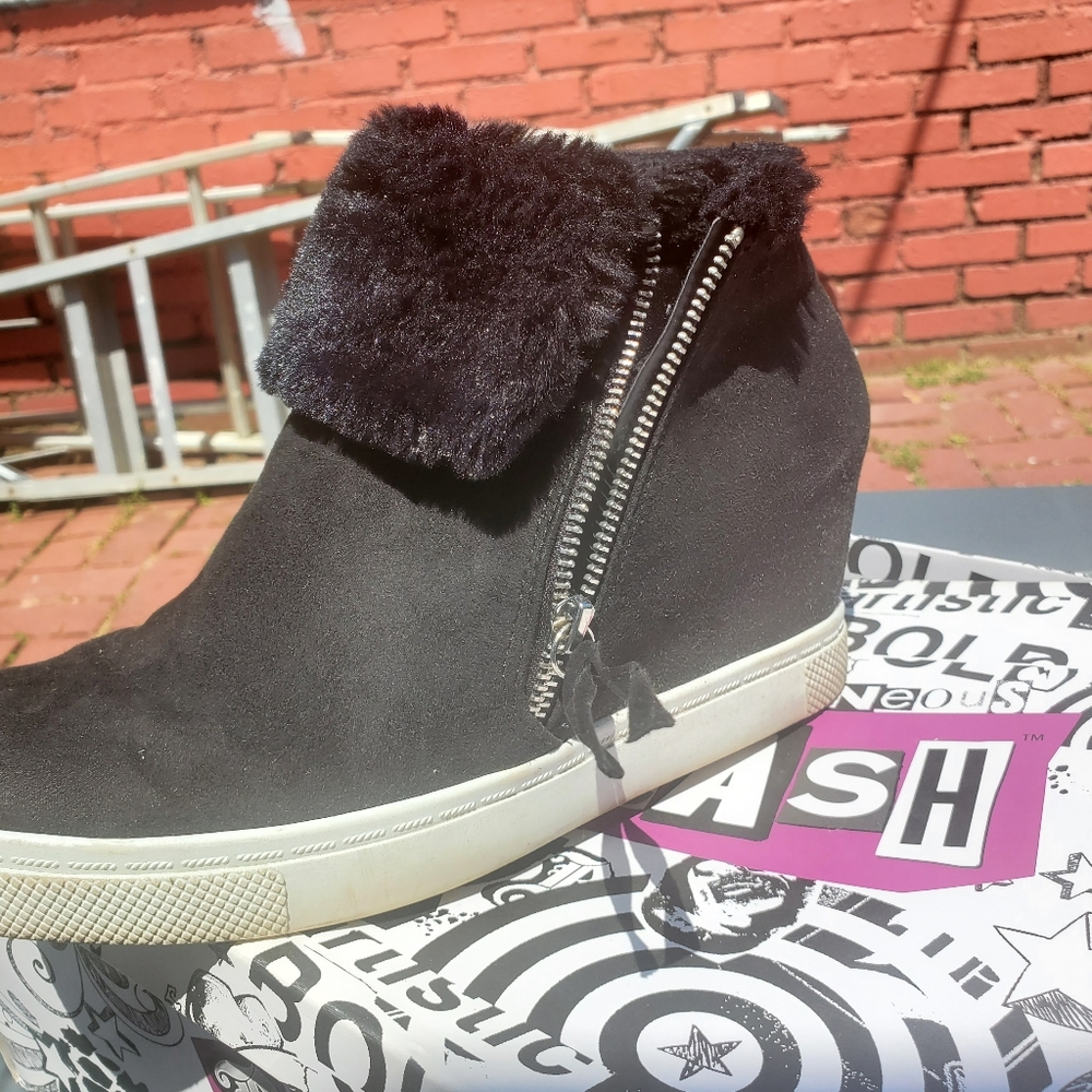 Black Fur Wedge Bootie